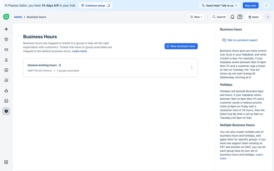 The Business Hours admin screen showing the "General working hours" calendar set to the (GMT+05:30) Chennai timezone, associated with 2 groups — the timezone/business-hours configuration that skews due-by and report data if it doesn't match the account or team.