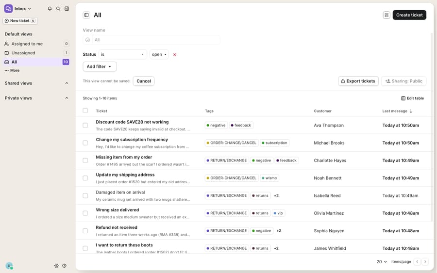 The Gorgias view filter builder — editing a view with a filter condition (Status is open), an Add filter button, Export / Sharing controls, and the matching tickets shown in a table with their Tags columns.