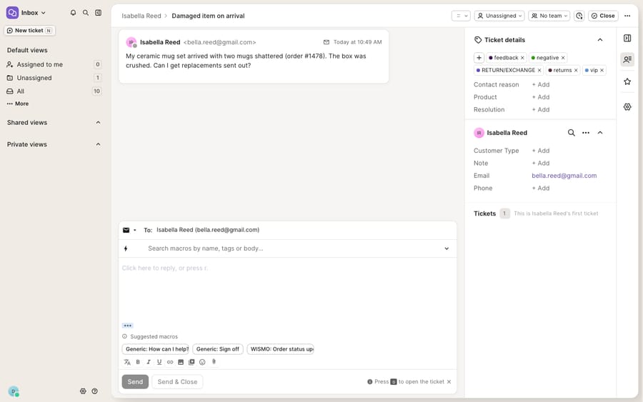 A Gorgias ticket's right-hand sidebar: the Ticket details panel with fields (Contact reason, Product, Resolution) and customer fields (Customer Type, Note, Email, Phone), plus the populated Tags field above.