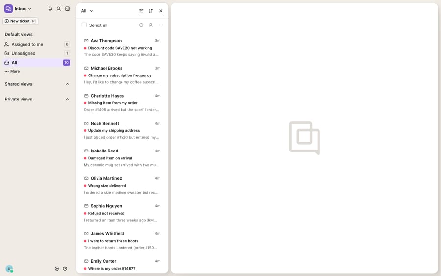 The Gorgias inbox showing the unified ticket list — 10 open ecommerce tickets across email and contact-form channels (WISMO, returns, refunds, subscription changes, wrong-size, damaged items) in one queue.