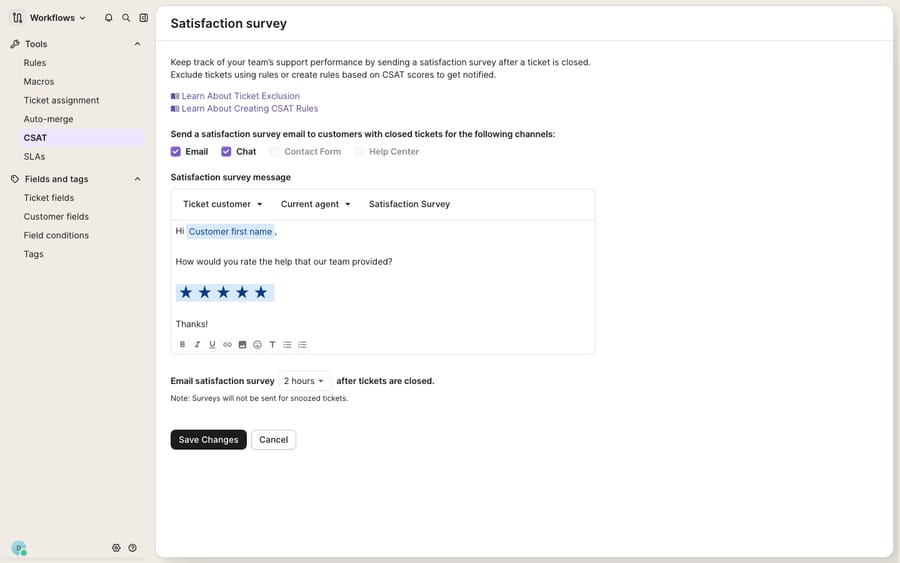 Gorgias Satisfaction Survey (CSAT) configuration: which channels the survey is sent on (Email/Chat/Contact Form/Help Center), the survey message with the 5-star rating, and the send timing (2 hours after a ticket is closed).