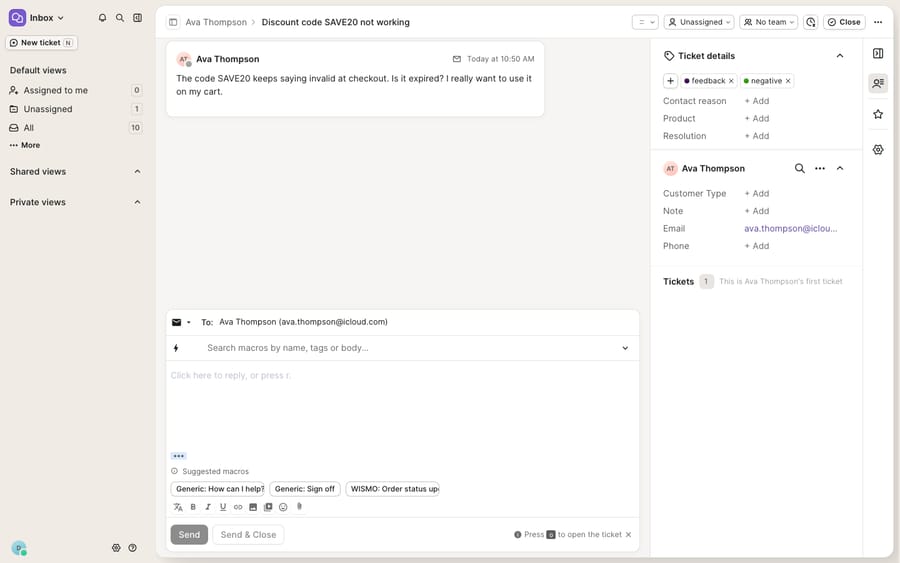 A Gorgias ticket with its right-hand customer sidebar (Ticket details): tags, Contact reason / Product / Resolution fields, the customer block (Customer Type, Note, Email, Phone) and ticket history ('This is Ava Thompson's first ticket'). NOTE: no Shopify store is connected on this demo, so there is no Shopify order/fulfillment widget in the sidebar — that requires a connected store.