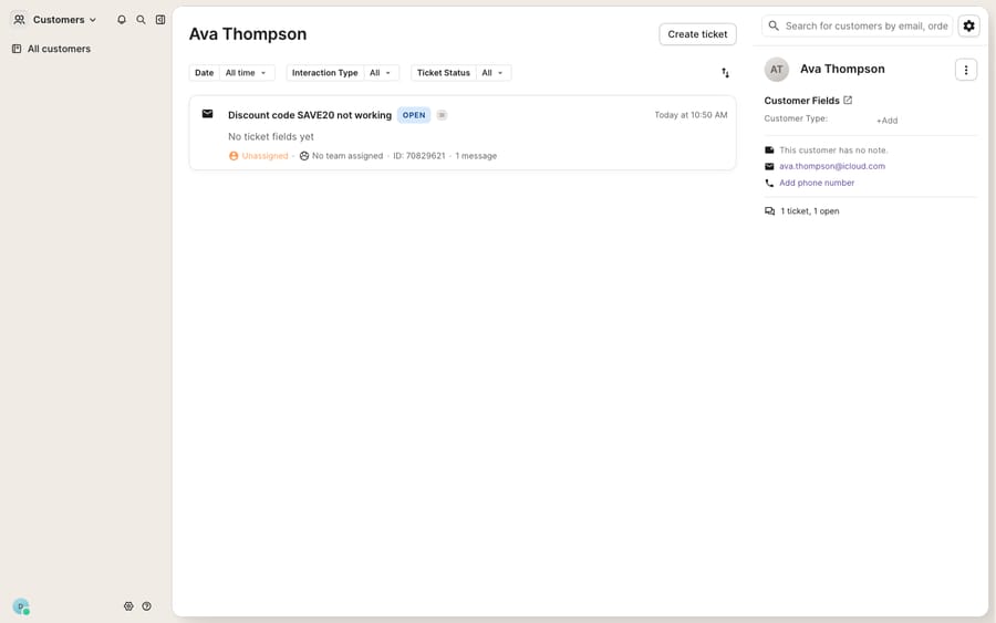 A Gorgias customer profile (Customers view): the contact's details panel (Customer Fields, email, add-phone), their interaction/ticket history with Date / Interaction Type / Ticket Status filters, and the '1 ticket, 1 open' summary.