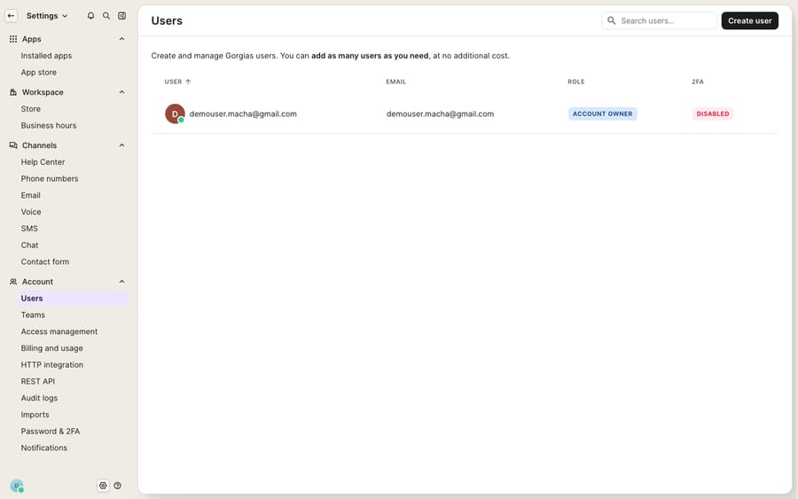 Gorgias Users settings (Settings → Account → Users): the user/seat table with User, Email, Role (Account Owner) and 2FA status columns, plus Create user. Teams and Access management (roles/SSO/2FA) live in adjacent nav items.