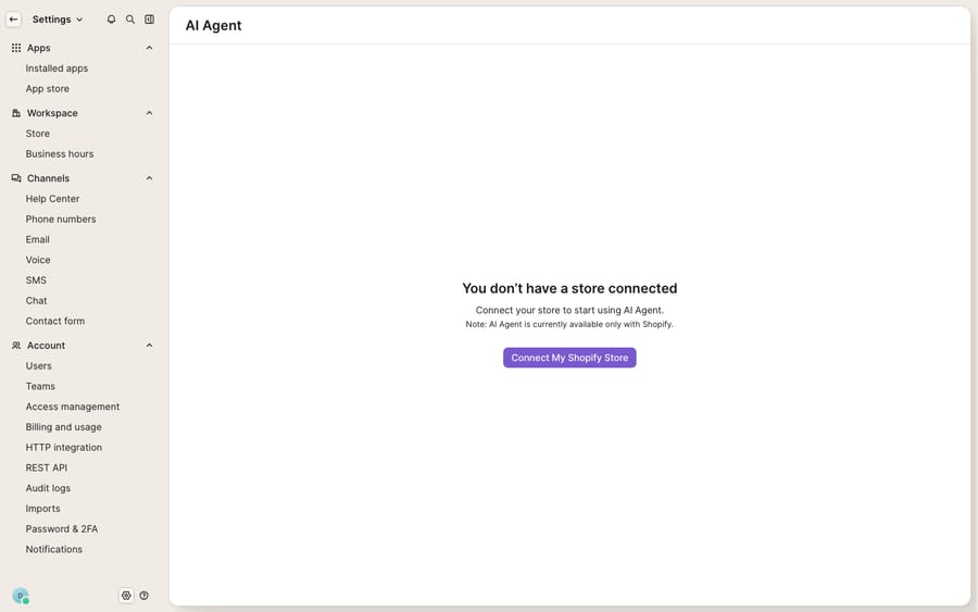 The Gorgias Automate / AI Agent enablement screen (Settings → Automate): 'You don't have a store connected — Connect your store to start using AI Agent. Note: AI Agent is currently available only with Shopify.' This is the honest add-on/Shopify-gated state — Automate (and the companion Convert add-on) require a connected Shopify store and a paid add-on on this trial.