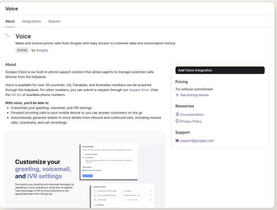 The Gorgias Voice channel page (Settings → Channels → Voice): About / Integrations / Queues tabs, 'Add Voice Integration', pricing ('Try without commitment / See pricing details'), and a preview of the greeting, voicemail and IVR settings. Voice is a paid add-on — this is the real enablement/config screen, not a purchased/active phone line.