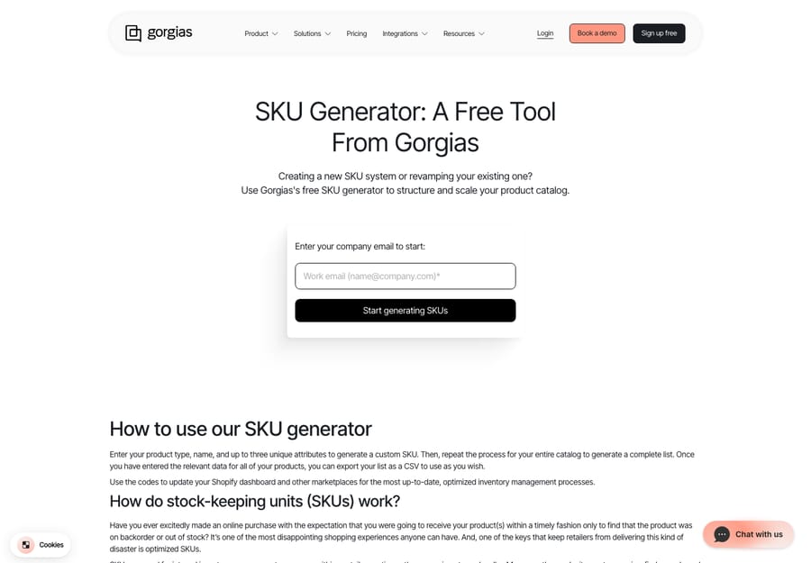 The public Gorgias SKU Generator tool page (gorgias.com/tools/sku-generator): 'SKU Generator: A Free Tool From Gorgias', the email-gated 'Start generating SKUs' form, and the 'How to use our SKU generator' explainer. This is Gorgias's public marketing tool captured from the public website, not an in-app feature.