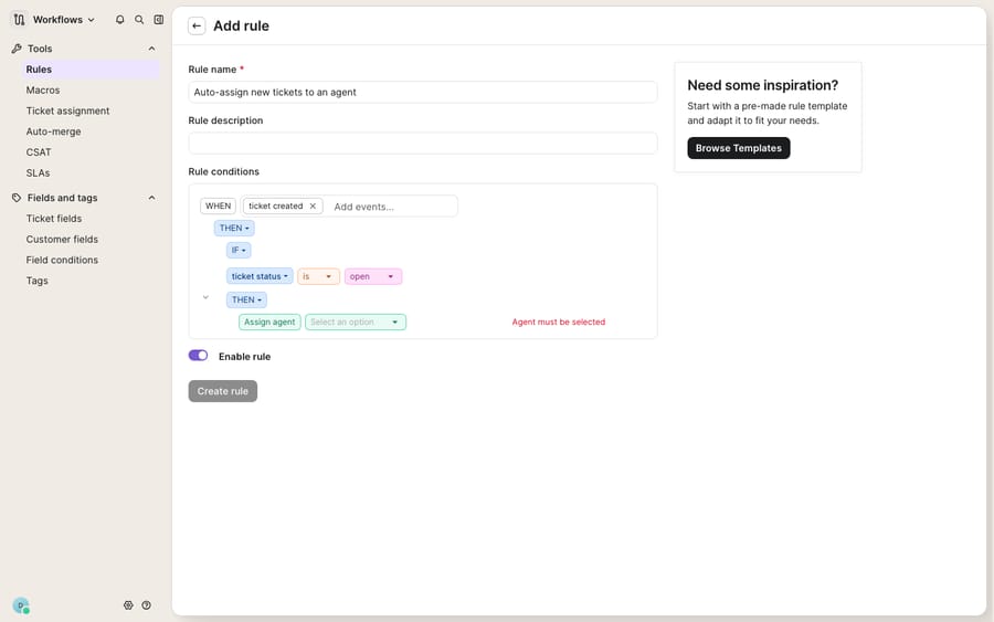 Building a rule in Gorgias mid-configuration: WHEN a ticket is created → IF ticket status is open → THEN Assign agent, shown in the Workflows → Rules "Add rule" builder.