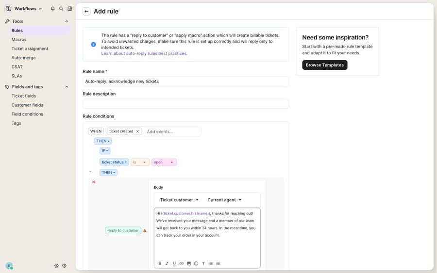 Configuring an auto-responder rule in Gorgias: WHEN ticket created → IF status is open → THEN Reply to customer, with an acknowledgement message and the customer-first-name variable typed into the reply body (note the auto-reply best-practices banner about billable tickets).