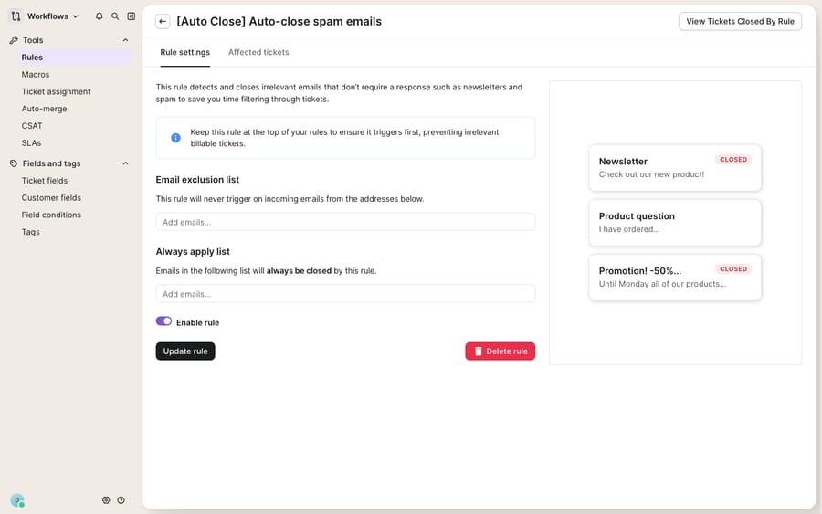 The Auto-Close rule configuration in Gorgias (Workflows → Rules): email exclusion list, always-apply list, and the Enable rule toggle, with a live preview of tickets the rule has closed.