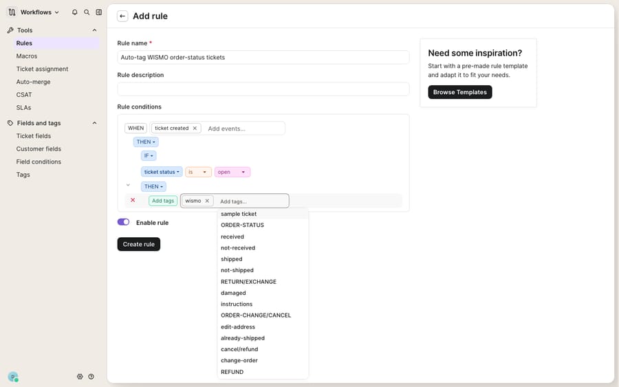 Setting up an auto-tag rule in Gorgias: THEN Add tags with a "wismo" tag chip applied and the tag autocomplete open (shipped, received, RETURN/EXCHANGE, etc.) — tagging tickets automatically as they come in.
