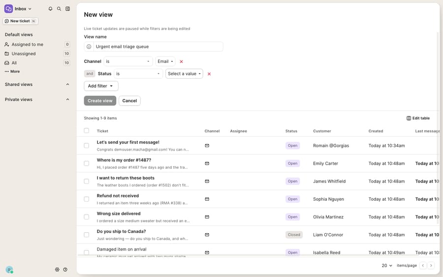 Creating a multi-condition view in Gorgias: the New view editor with a triage queue named “Urgent email triage queue” filtered by Channel is Email AND Status, with a live filtered ticket preview.