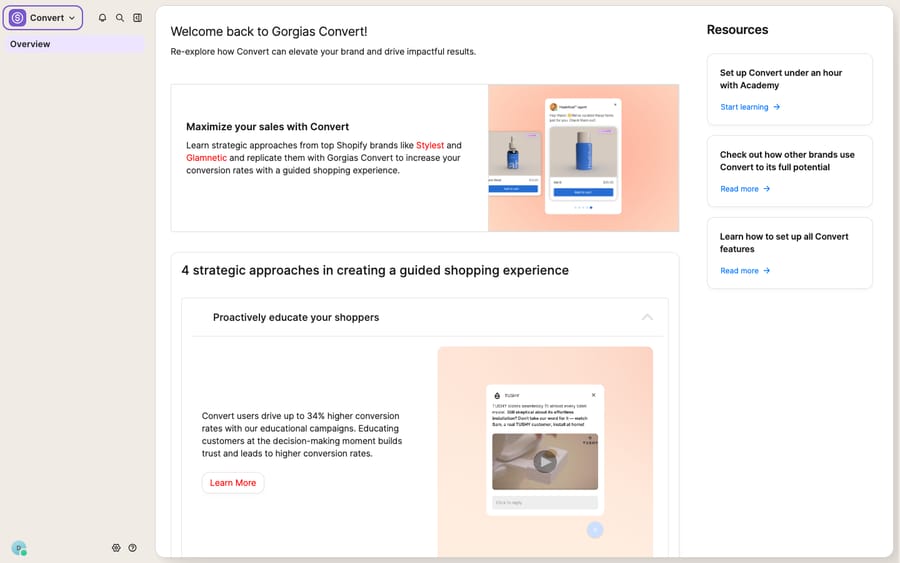 The Gorgias Convert overview — where proactive on-site / chat campaigns live. Campaigns are a Convert feature that requires a connected Shopify store; this is the real enablement screen ("Proactively educate your shoppers"), not a fabricated campaign builder.