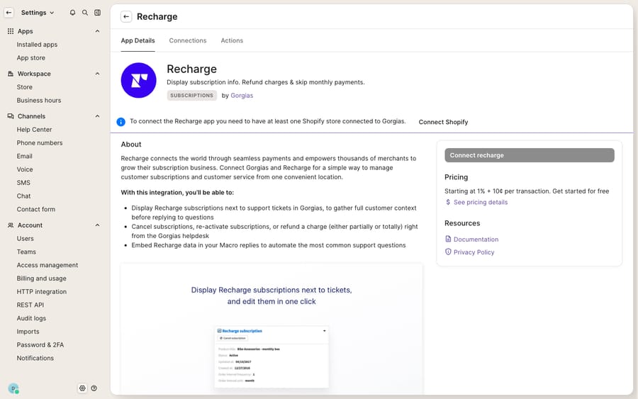 The Recharge integration page in the Gorgias App Store — the connect screen (App Details, Connections and Actions tabs, a 'Connect Recharge' button and a 'Connect Shopify' prompt), not a populated widget inside a ticket.