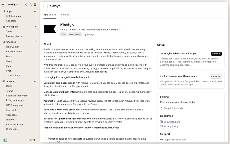 The Klaviyo integration page in the Gorgias App Store — the connect screen with an About section and a Setup panel ('Let Gorgias take action in Klaviyo' → Connect), not a populated widget inside a ticket.