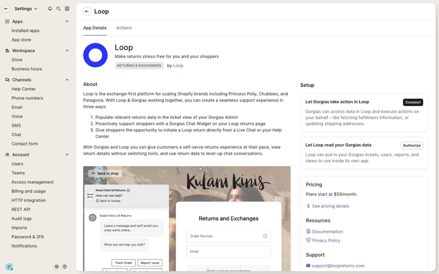 The Loop (Loop Returns) integration page in the Gorgias App Store — the connect screen tagged Returns & Exchanges, with a Setup panel ('Let Gorgias take action in Loop' → Connect), not a populated returns widget inside a ticket.