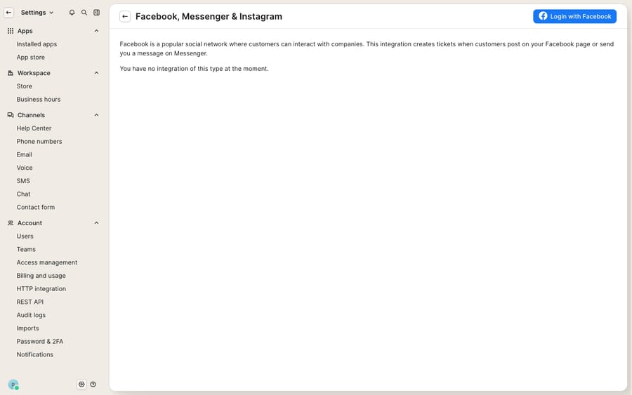 The Facebook, Messenger & Instagram (Meta) channel connect screen in Gorgias — 'You have no integration of this type at the moment' with a 'Login with Facebook' connect button, not a populated social inbox.