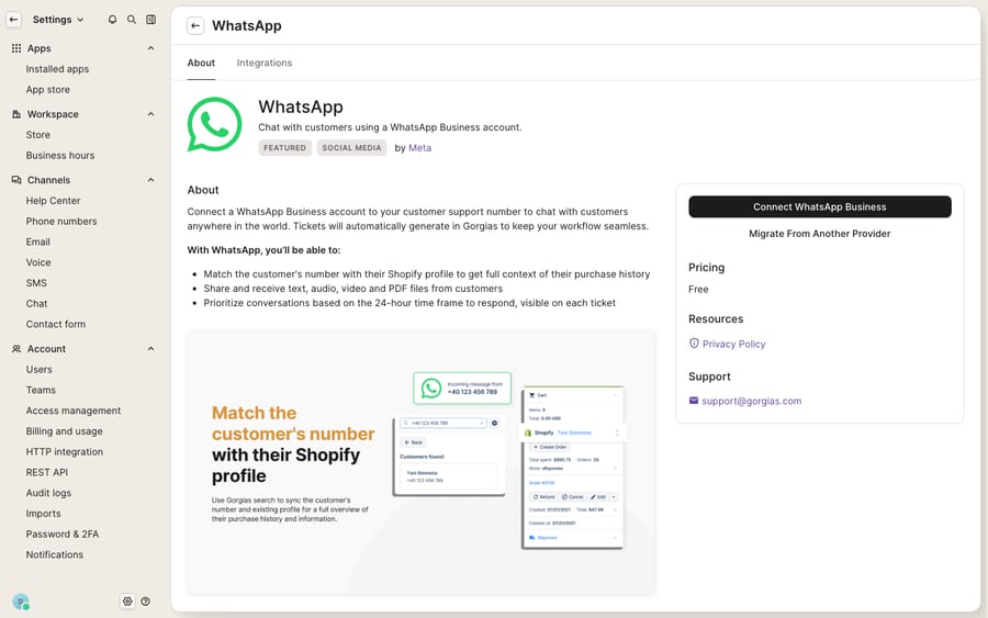 The WhatsApp channel connect screen in the Gorgias App Store — 'Chat with customers using a WhatsApp Business account' by Meta, with a 'Connect WhatsApp Business' button, not a populated WhatsApp thread inside a ticket.