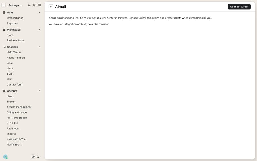 The Aircall integration page in the Gorgias App Store — the connect screen ('Connect Aircall to Gorgias and create tickets when customers call you', 'You have no integration of this type at the moment') with a 'Connect Aircall' button, not a live call inside a ticket.