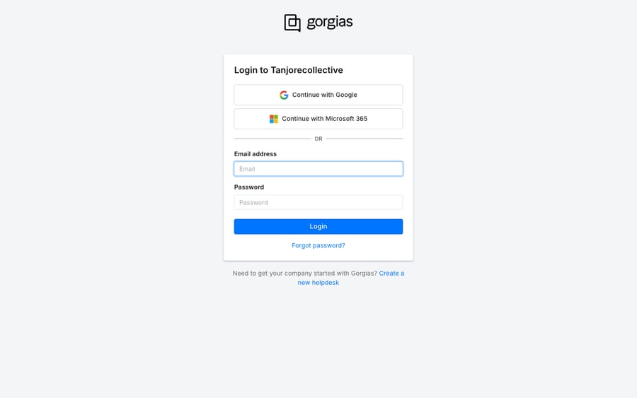 The Gorgias login screen for the Tanjorecollective workspace, with Google/Microsoft 365 SSO, email + password fields, and the 'Forgot password?' reset link — the sign-in and password-reset troubleshooting surface. Captured in a separate fresh browser context so the main session stayed intact.