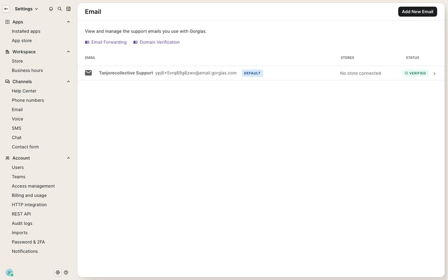 Settings → Channels → Email: the email channel connection panel showing the support address and its STATUS column reading 'Verified' — the first place to check when Gorgias isn't creating tickets from incoming email. This is the live channel-status surface, not a reproduced failure.