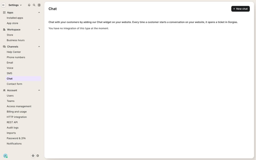 Settings → Channels → Chat: the Chat install surface with the 'New chat' button and the message 'You have no integration of this type at the moment' — the 'is the widget actually installed?' verification screen. This demo has no chat widget installed, shown honestly as the gated/empty state.