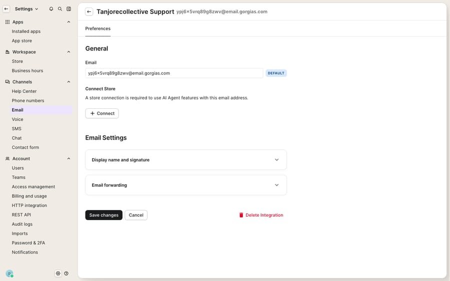 The email-address Preferences panel showing the send-from address and its 'Default' badge, Connect Store, and the collapsible 'Display name and signature' and 'Email forwarding' sections — the send-from configuration relevant to deliverability. NOTE: this demo uses Gorgias's default @email.gorgias.com forwarding address, so no custom-domain DKIM/SPF verification panel exists to capture (that only appears once a custom send-from domain is added); nothing here was fabricated.