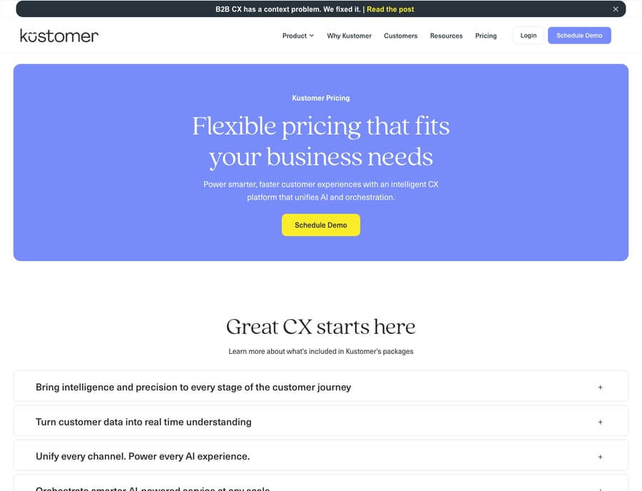 Kustomer pricing page (kustomer.com/pricing) as of capture. Kustomer does not publish per-tier prices publicly; its pricing page is demo-gated ('Flexible pricing that fits your business needs' / Schedule Demo) with a 'what's included in Kustomer's packages' feature breakdown rather than listed plan prices.