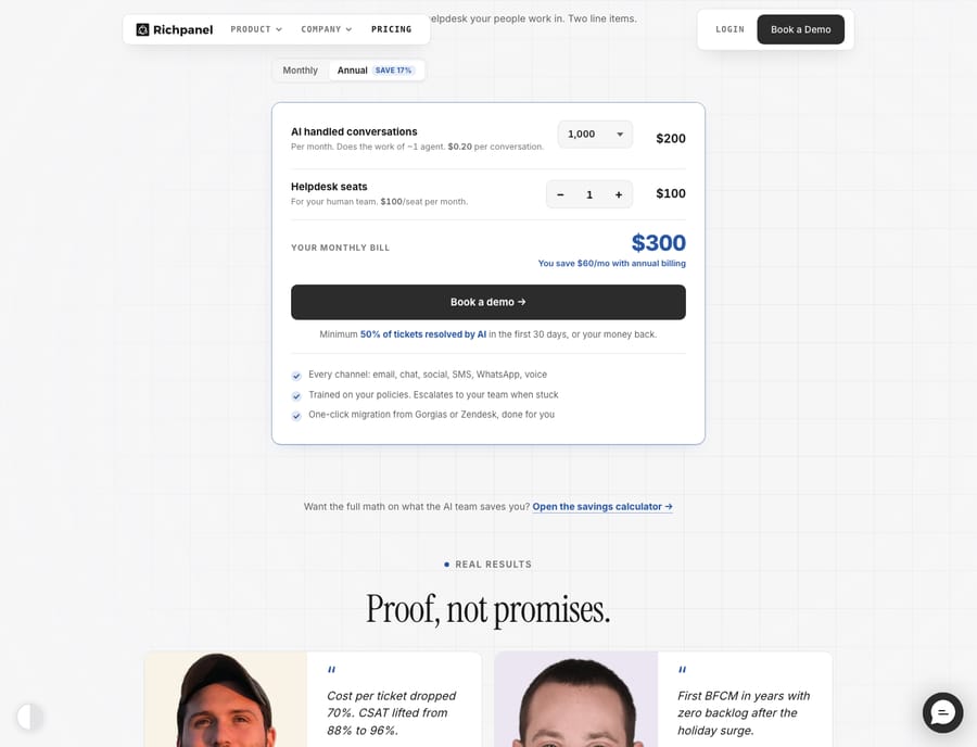 Richpanel pricing page (richpanel.com/pricing) as of capture, showing Richpanel's usage-based pricing calculator: AI-handled conversations plus helpdesk seats, with a sample monthly bill of $300/mo in the configured example.