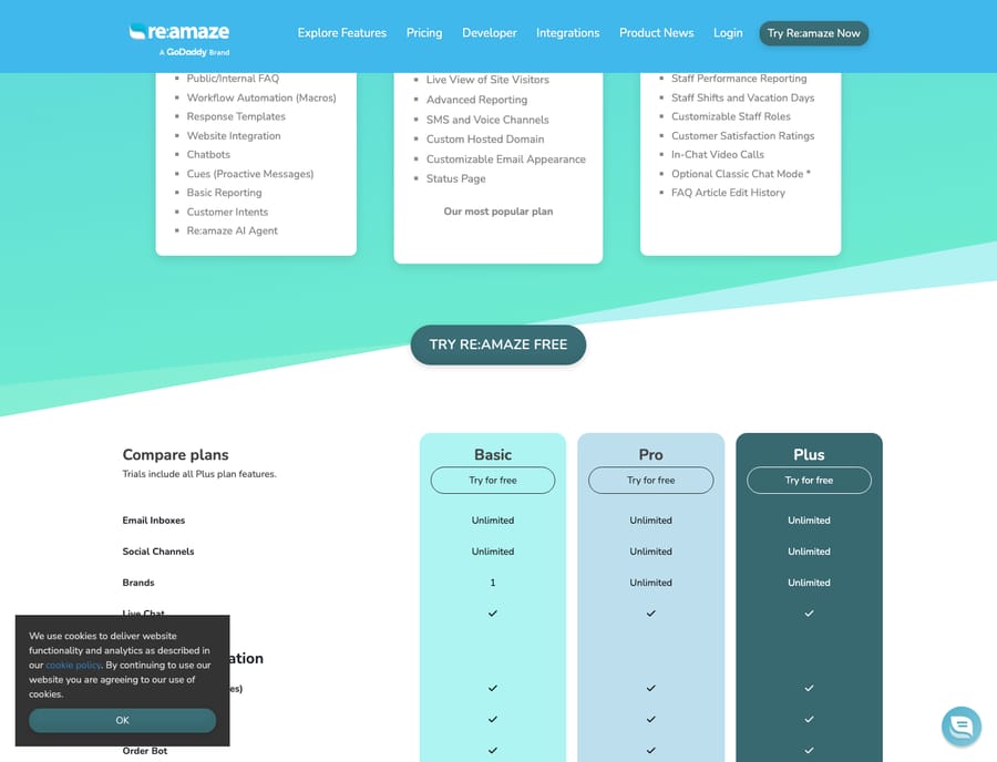 Re:amaze pricing page (reamaze.com/pricing) as of capture, showing its Compare Plans matrix across the Basic, Pro and Plus tiers with per-plan feature limits.