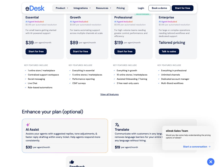 eDesk pricing page (edesk.com/pricing) as of capture, showing plan tiers: Essential $39/agent/mo, Growth $89/agent/mo, Professional $119/agent/mo, and Enterprise (tailored pricing), plus optional AI Assist and Translate add-ons.