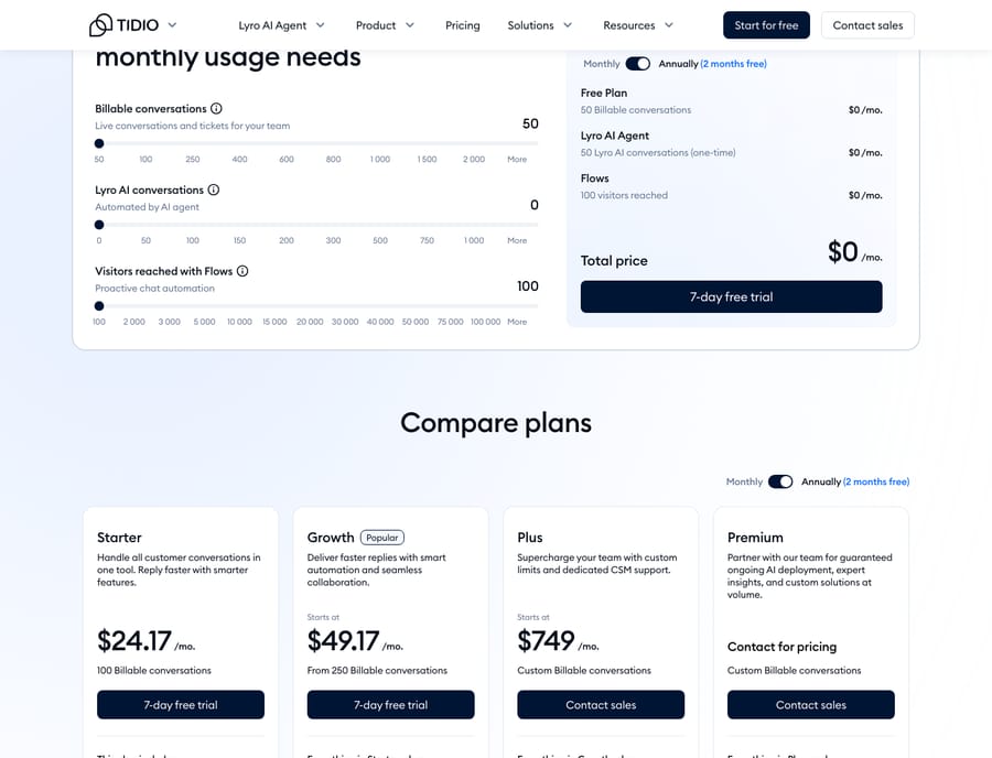 Tidio pricing page (tidio.com/pricing) as of capture, showing plan tiers: Starter $24.17/mo, Growth $49.17/mo, Plus $749/mo, and Premium (custom), alongside a Lyro AI usage/conversations calculator.