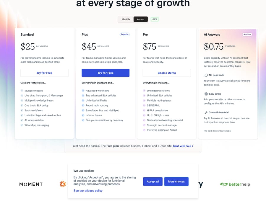 Help Scout pricing page (helpscout.com/pricing) as of capture, showing plan tiers: Standard $25/mo, Plus $75/mo, Pro, and AI Answers priced per resolution ($0.75), with per-plan feature lists.