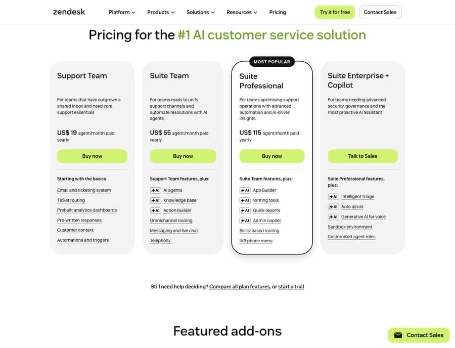Zendesk pricing page (zendesk.com/pricing) as of capture, showing plan tiers: Support Team from US$19/agent/mo, Suite Team US$55/agent/mo, Suite Professional US$115/agent/mo, and Suite Enterprise + Copilot (contact sales), plus Copilot and Contact Center add-ons.