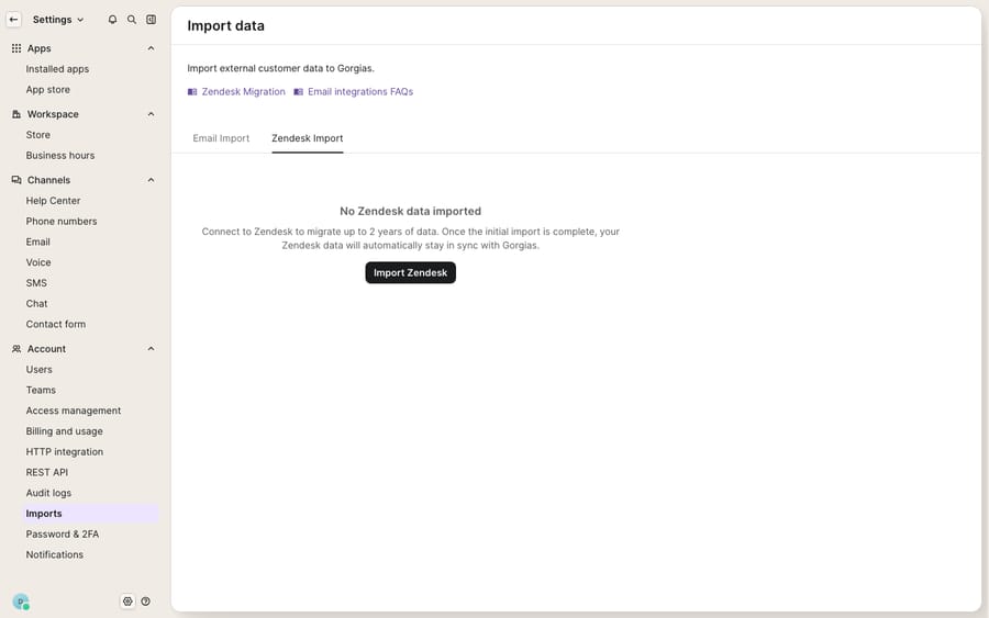 First-hand: the Gorgias in-app "Import data" screen with the Zendesk Import tab open (Settings → Historical imports). Gorgias' native importer connects to Zendesk to migrate up to 2 years of data; this is the live Zendesk→Gorgias import surface, not a third-party tool.
