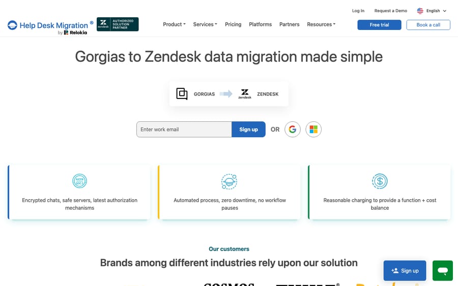 Help Desk Migration's Gorgias→Zendesk pair page ("Gorgias to Zendesk data migration made simple"), showing the GORGIAS → ZENDESK direction and the migration wizard sign-up. This is the migration-tool marketing/wizard page (directional), not a live migration run.
