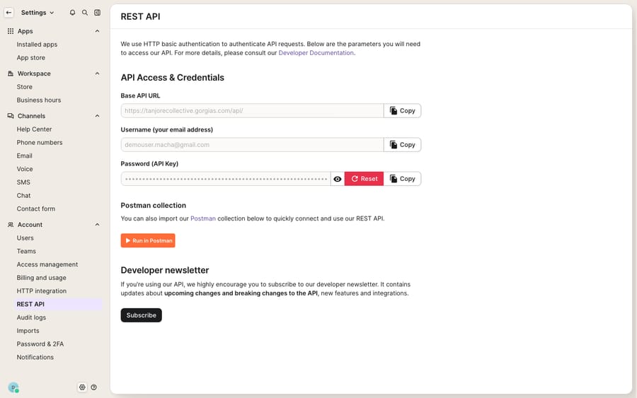 First-hand: the Gorgias REST API settings screen (Settings → REST API) — base API URL, credentials, and Postman collection. Since Help Desk Migration has no dedicated Gorgias→Freshdesk page (that URL 404s), this shows the honest first-hand way to extract Gorgias data (via API/CSV) before importing it into Freshdesk.