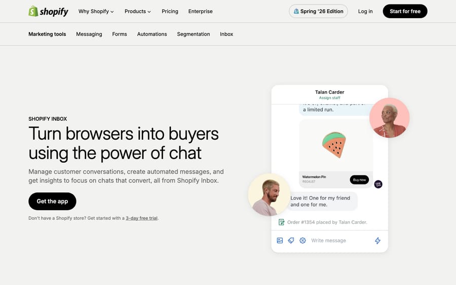 Shopify's public Shopify Inbox product page ("Turn browsers into buyers using the power of chat"), the tool merchants typically graduate FROM when moving to Gorgias. Public product page (directional), used to frame the Shopify Inbox → Gorgias upgrade story.