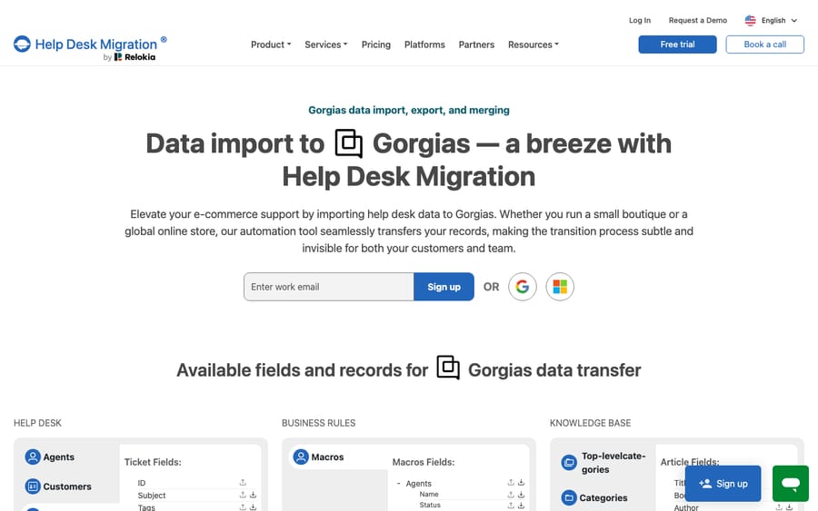 Help Desk Migration's Gorgias data hub ("Data import to Gorgias — a breeze with Help Desk Migration") listing the fields/records HDM transfers (help desk, business rules, knowledge base). Help Desk Migration has no dedicated Gorgias→Zoho Desk page (that URL 404s), so this is the honest tool-landscape page for Gorgias data transfer (directional), not a live migration.