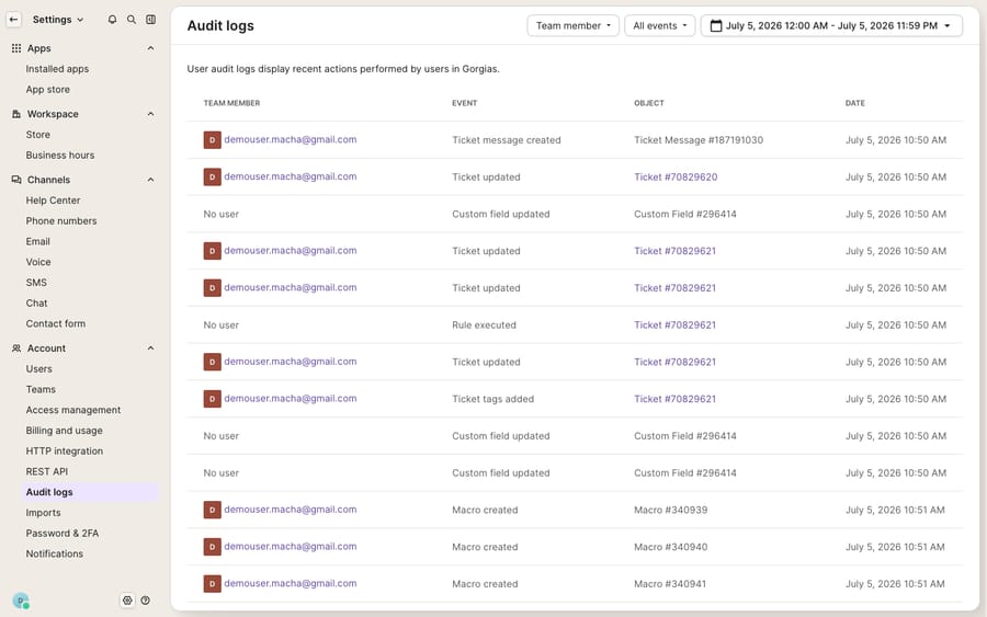 First-hand: the Gorgias Audit logs screen (Settings → Audit logs) listing ticket, macro and custom-field events with timestamps — the record you inspect and reconcile when exporting/verifying your Gorgias data. Live in-app screen; distinct export-adjacent state from the REST API view.