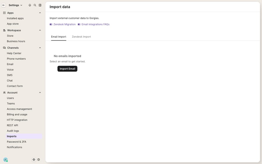 First-hand: the Gorgias native "Import data" screen (Settings → Imports) on the Email Import tab, with an Import Email button and a Zendesk Migration link — the built-in surface for importing external customer data into Gorgias. Live in-app screen.
