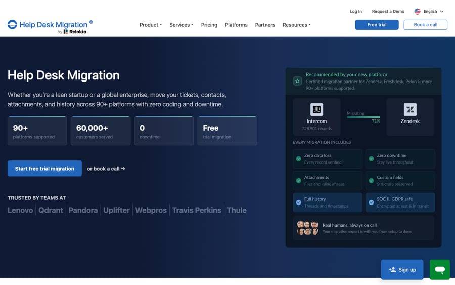 Help Desk Migration's homepage — the migration-tool landscape ("90+ platforms, 60,000+ users, zero coding and downtime") with the supported-platform grid. Public tool homepage, used to survey the Gorgias migration-tool options.