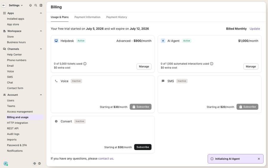 Gorgias Billing & usage — the native billing view where helpdesk ticket usage and AI resolution charges are metered separately, so a fully AI-resolved conversation can land on both lines. (Public Gorgias billing/pricing reference; use to sanity-check your own plan's ticket and resolution rates.)