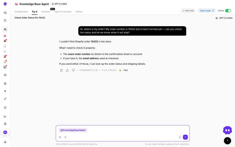 A Macha Knowledge Base agent handling a WISMO "where is my order?" request in the Try-it console: it makes a real Shopify tool call to look up order 10432, then responds by verifying the order number and email before returning shipping status.