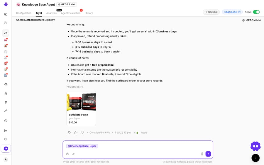 A Macha agent resolving a returns/refund request: it calls 3 tools (including a live Shopify product lookup shown as a product card) and answers with refund timing by payment method, the free prepaid return label, and final-sale eligibility.