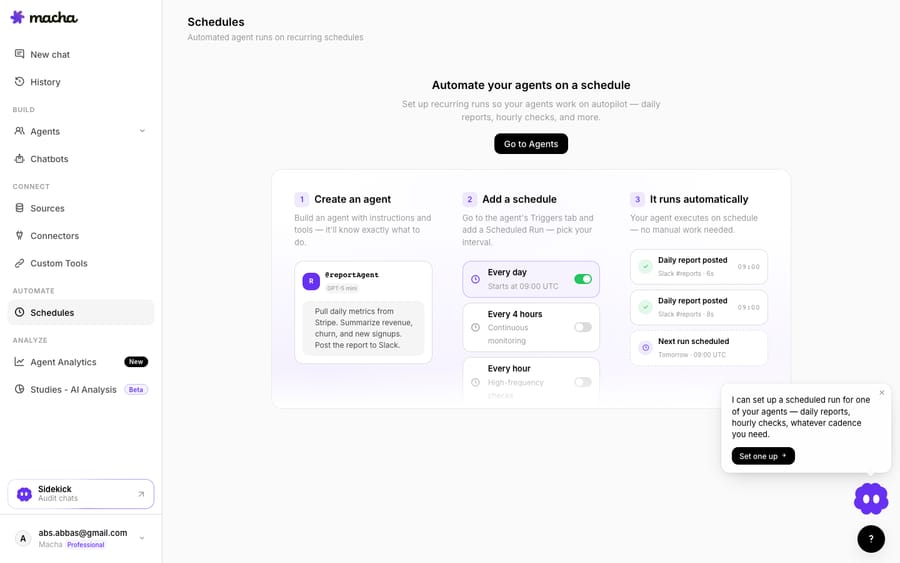 Macha Schedules: run agents proactively on a recurring trigger (every day / every 4 hours / every hour) so they work on autopilot — the mechanism behind proactive shipping-update runs, with the next scheduled run shown.
