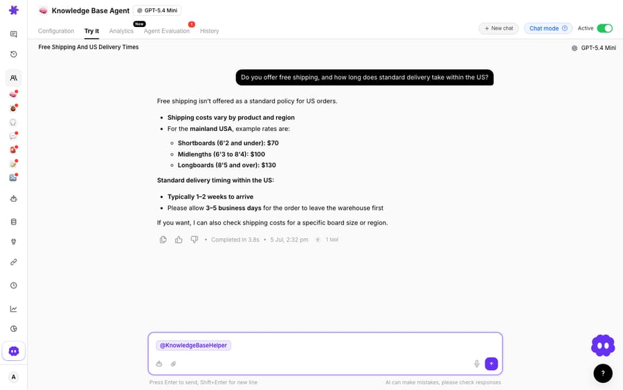A Macha chat agent resolving a live conversation: asked about free shipping and US delivery times, it grounds its answer in the knowledge base (one tool call) and returns specific shipping rates and delivery windows.