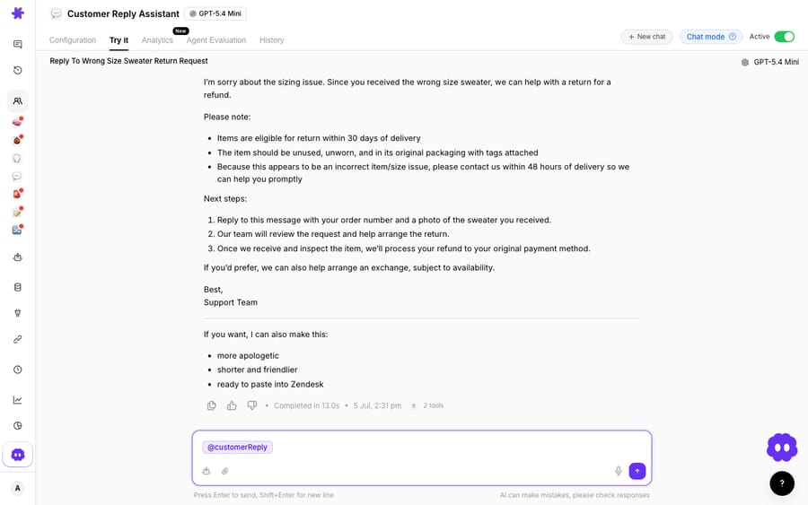 Macha's Customer Reply Assistant drafting a KB-grounded reply to a wrong-size return request — it pulls the returns policy via 2 tools and produces a ready-to-send draft, with an offer to tailor tone and paste it straight into the help desk.