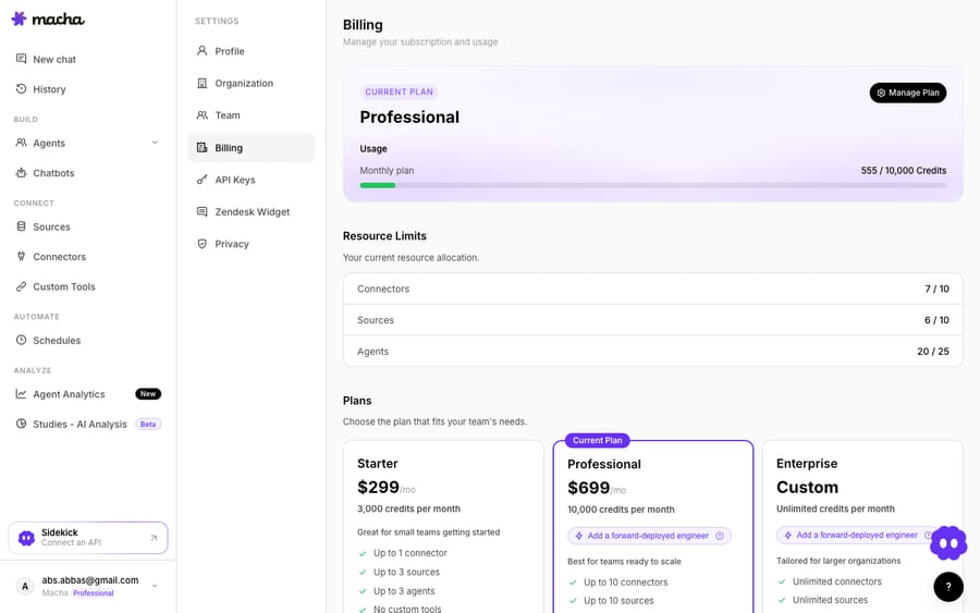 Macha's billing screen showing the credits model: a monthly credit pool (10,000 credits on Professional) plus plan tiers (Starter $299 / Professional $699 / Enterprise) and resource limits — the AI-agent-layer cost model for the comparison.