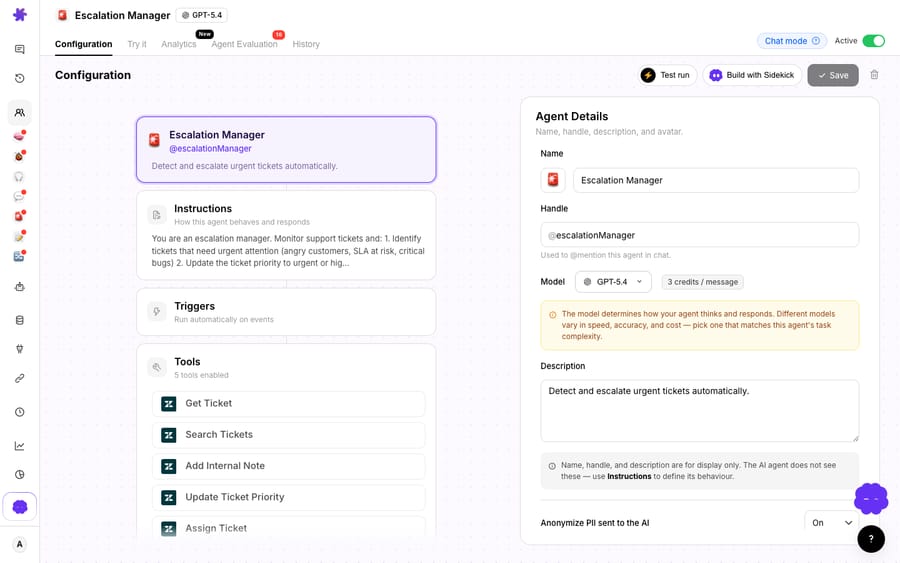A Macha agent configuration surfacing the per-action billing model — this Escalation Manager is priced at "3 credits / message", so you pay per AI action taken rather than being billed twice for the same resolution.